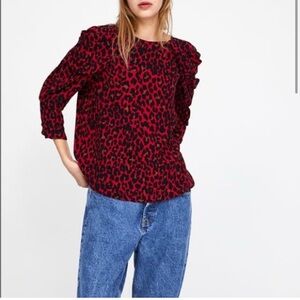 Zara Red and Black Leopard Ruffled 3/4 Sleeve Blouse